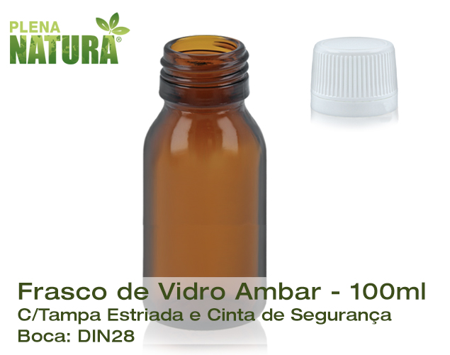 Frasco de Vidro Ambar, c/Tampa - Boca Larga (DIN28) - 100ml