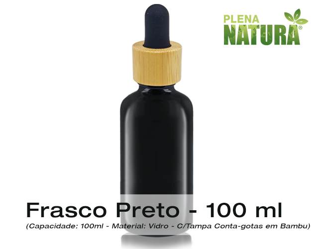 Frasco de Vidro PRETO, c/Tampa Conta-gotas em Bambu - 100ml