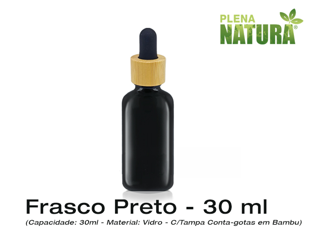 Frasco de Vidro PRETO, c/Tampa Conta-gotas em Bambu - 30ml