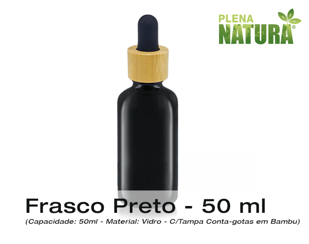 Frasco de Vidro PRETO, c/Tampa Conta-gotas em Bambu - 50ml