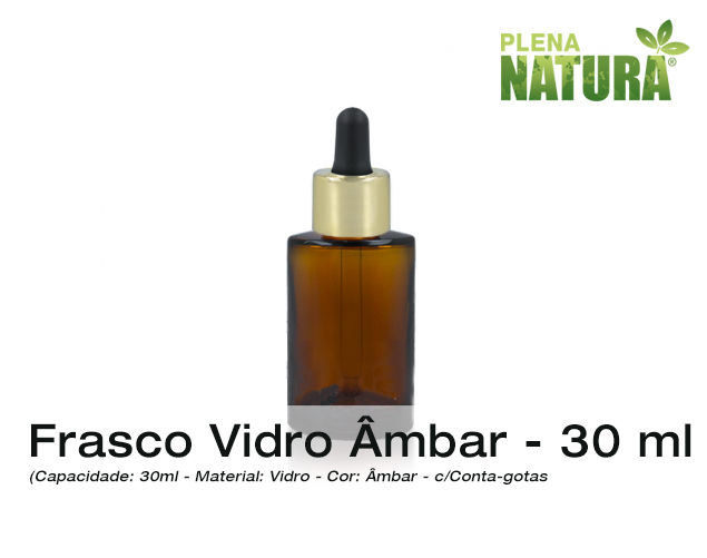 Frasco de Vidro Ambar, c/Tampa Conta-gotas em Aluminio Dourado - 30ml