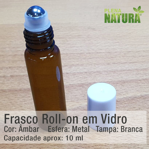 Frasco Roll-on em Vidro Âmbar - Tampa Branca - 10ml