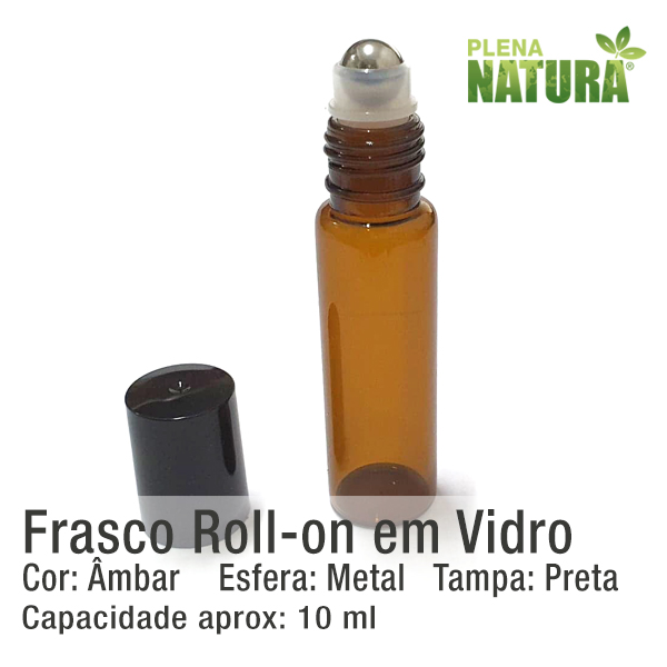 Frasco Roll-on em Vidro Âmbar - Tampa Preta - 10ml